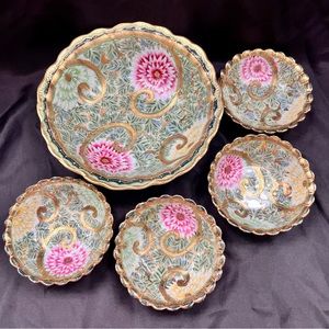 Super Rare Antique Nippon Hand Painted Flowers Heavy‎ Gilt Serving Bowls 5 PCs